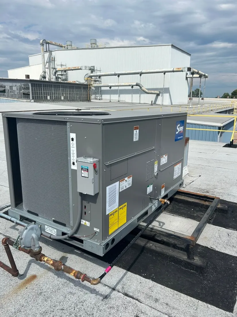 Rooftop package HVAC unit serviced at a commercial building in western Ohio